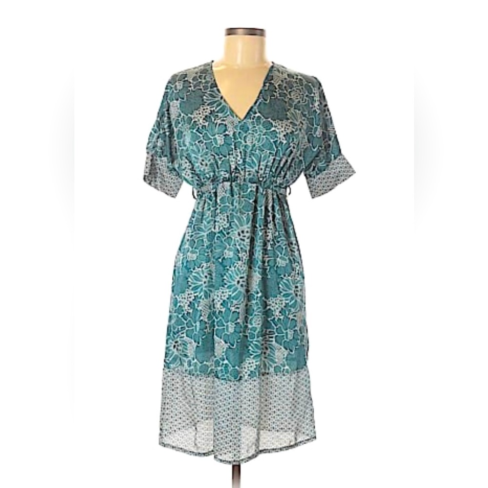 George floral dress Green Grey high waist elastic waist band with tie XS TP